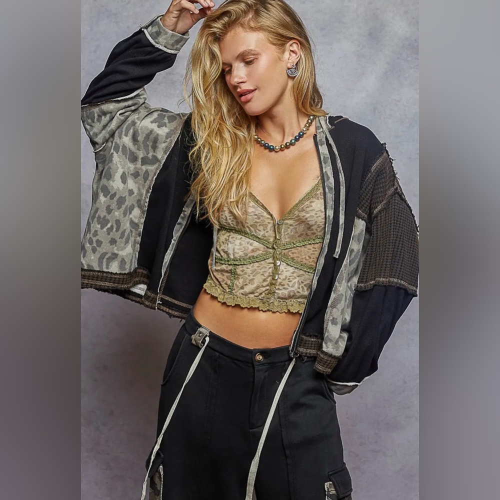 NEW Pol Oversized Full Zip Hoodie Thermal Camo Patches Mixed Media Light Jacket - Picture 2 of 5